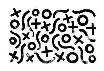 Collection of brush drawn circles, crosses and curved lines. Messy doodles isolated on white background. Decorative vector abstract elements. Hand drawn various geometric shapes and lines.