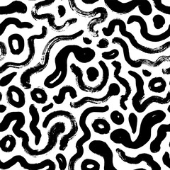 Squiggles and doodle lines seamless pattern. Bold brush curved smears background. Wavy bold lines with dots and circles. Trendy design with basic shapes. Creative ornament with grunge vector squiggles