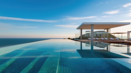 Fototapeta na wymiar The swimming pool and patio in modern design with panoramic sea view. Generative AI AIG27.