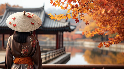 Autumn in Gyeongbokgung Palace and Korean national dress in Seoul,South Korea,ai generater