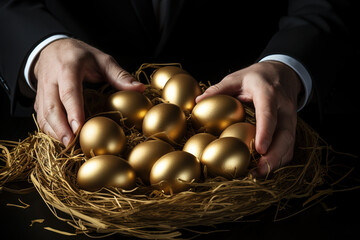 Businessman hand pick up eggs from the nest. investment concept.
