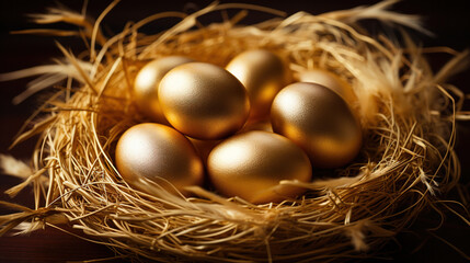 Obraz premium Golden eggs in bird's nest on dark background.