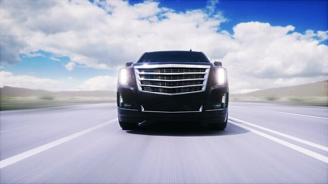 big black luxury car on highway. Very fast driving.