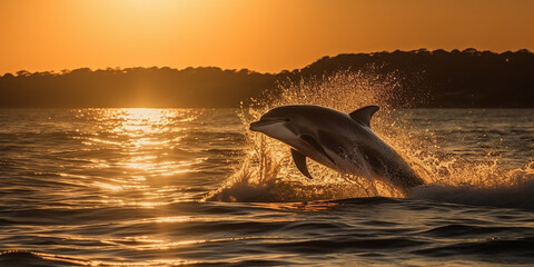 Fototapeta premium A dolphin jumps out of the sea near the shore of a tropical island. Generative AI