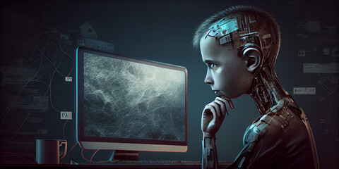 A child cyborg looks attentively at the screen of a computer monitor. Generative AI