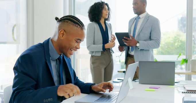 Business, staff and black man with laptop, online reading or brainstorming with creativity, writing or planning. Male person, consultant or employee with a pc, digital software or website information