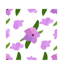 Seamless botanical purple flower with green leaves pattern. Stock PNG file.