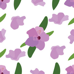 Seamless botanical purple flower with green leaves pattern. Stock vector illustration