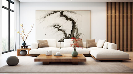Fototapeta na wymiar A contemporary Chinese living room with minimalist furniture, white walls, and a large abstract painting.