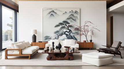 A contemporary Chinese living room with minimalist furniture, white walls, and a large abstract painting.