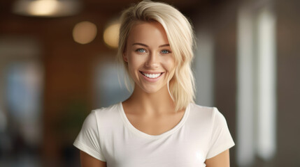Smiling woman wearing a white t-shirt