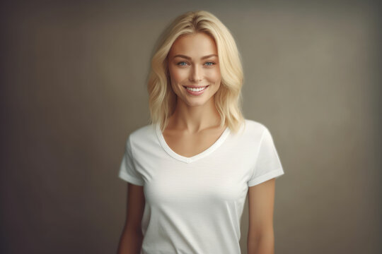 Smiling woman wearing a white t-shirt