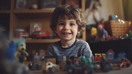 Cute little boy among the toys looks at the camera in the children's room