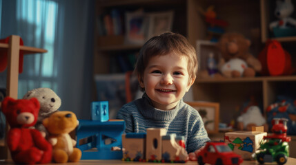 Cute little boy among the toys looks at the camera in the children's room