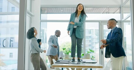 Business people, dance and staff with celebration, achievement or promotion with happiness. Group, team building or coworkers with success, energy or excited with collaboration or company development