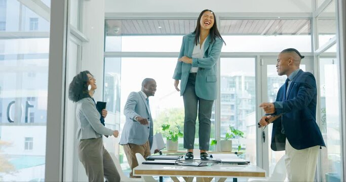 Business people, dance and staff with celebration, achievement or promotion with happiness. Group, team building or coworkers with success, energy or excited with collaboration or company development