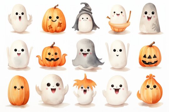 Collection of adorable watercolor ghost characters. Halloween.
