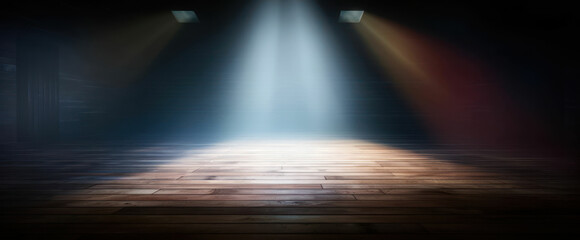 Obraz premium Spotlight with bright light on dark wood floor