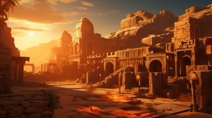 Fototapeta premium Ancient city buried deep within a desert or underwater realm. Depict its crumbling architecture, intricate statues, and the sense of wonder and mystery that surrounds this forgotten civilization