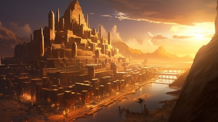 Ancient city buried deep within a desert or underwater realm. Depict its crumbling architecture, intricate statues, and the sense of wonder and mystery that surrounds this forgotten civilization