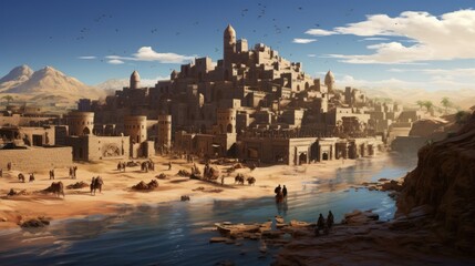 Fototapeta premium Ancient city buried deep within a desert or underwater realm. Depict its crumbling architecture, intricate statues, and the sense of wonder and mystery that surrounds this forgotten civilization