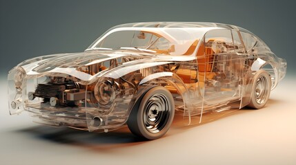 Fototapeta premium transparent car engine concept. Crystal Clear Power engine futuristic model. transparent car with futuristic concept in show room. ai generative
