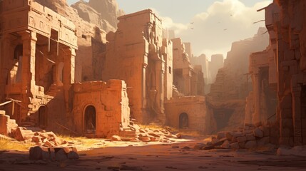 Ancient city buried deep within a desert or underwater realm. Depict its crumbling architecture, intricate statues, and the sense of wonder and mystery that surrounds this forgotten civilization