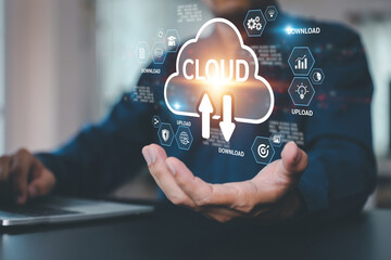 Database storage cloud technology file data transfer sharing, cyber, big data information for financial online marketing, internet banking application or computer download upload backup cloud drive.