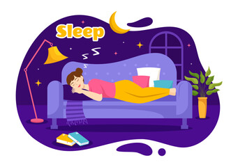 Sleep Vector Illustration with Happy Young Person is Fast Asleep and Having a Sweet Dream in Healthcare Hand Drawn Background Night Templates