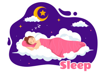 Sleep Vector Illustration with Happy Young Person is Fast Asleep and Having a Sweet Dream in Healthcare Hand Drawn Background Night Templates
