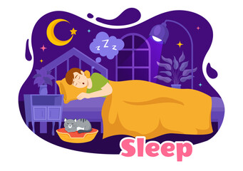 Sleep Vector Illustration with Happy Young Person is Fast Asleep and Having a Sweet Dream in Healthcare Hand Drawn Background Night Templates