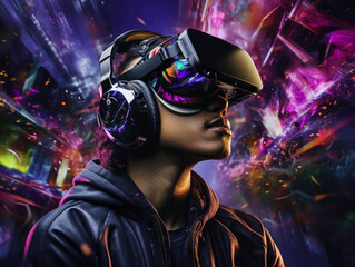 Fototapeta na wymiar Young Black Teen Wearing His VR Headset. Wearing headphones he is immersed in a virtual world and surrounded by bright neon colors bouncing around him. Concept on the future of gaming and tech