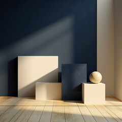 3D rendering abstract compositions  minimalist sculpture, wood and plant