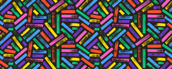 Seamless colorful fabric texture, basket or weave. Hand drawn decorative seamless pattern with multi colored bold brush strokes. Grunge thick lines and stripes ornament. Vector geometric texture.
