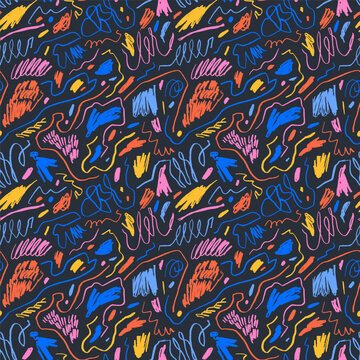 Organic irregular pencil lines and curls colorful seamless pattern. Hand drawn childish background with various multi colored crayon lines. Vector squiggle pattern. Marker scribbles and scratches.
