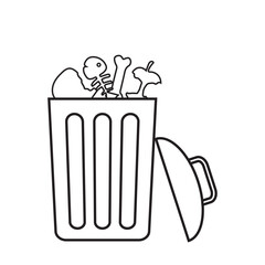 Trash bin full of garbage heap on white background. Waste can with organic refuses, rubbish, food scraps. basket filled with mixed junk, leftovers pile. Vector illustration EPS 10. Editable stroke.