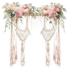 a charming macrame wedding backdrop in watercolor style isolated on a transparent background, generative ai