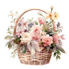 a whimsical flower girls basket in watercolor style isolated on a transparent background, generative ai