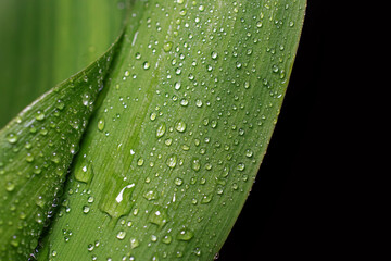 beautiful shiny water drops on a green lily of the valley leaf, close-up, selective focus