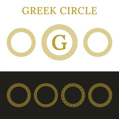 Set of Gold Ancient Greek Circle Pattern. Seamless Greek Key Round Frame. Antique Gold Decorative Meander Circle Collection