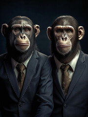 Portrait of two men with monkey heads and in office suits standing together next to each other. Generative AI