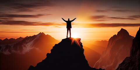 The concept of life success. Silhouette of a man with his arms raised in victory on the top of a mountain in the bright rays of the rising sun. Generative AI