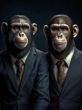 Portrait of two men with monkey heads and in office suits standing together next to each other. Generative AI