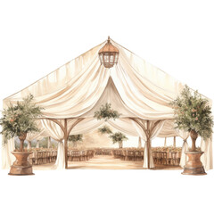 a beautifully decorated wedding marquee in watercolor style isolated on a transparent background, generative ai