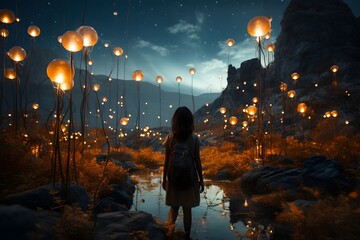 Girl in the forest with lanterns at night