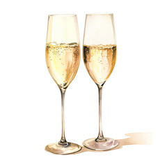 a pair of elegant champagne flutes in watercolor style isolated on a transparent background, generative ai