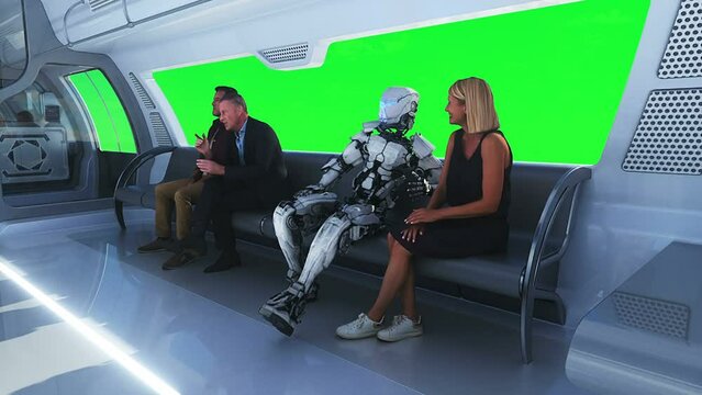 3d people and robots. Flying passenger train. Utopia. concept of the future.Green screen. Realistic 4k animation.