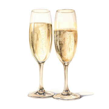 A Pair Of Elegant Champagne Flutes In Watercolor Style Isolated On A Transparent Background, Generative Ai