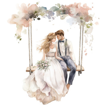 a whimsical wedding swing in watercolor style isolated on a transparent background, generative ai