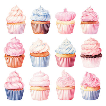 an array of wedding cupcakes in watercolor style isolated on a transparent background, generative ai